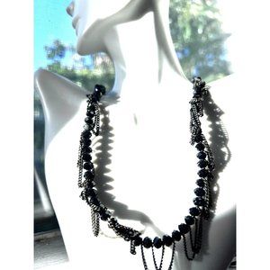 BLACK CRYSTAL STONE Style Necklace with Wrapped Gold Color Chain (30" Long Neck)